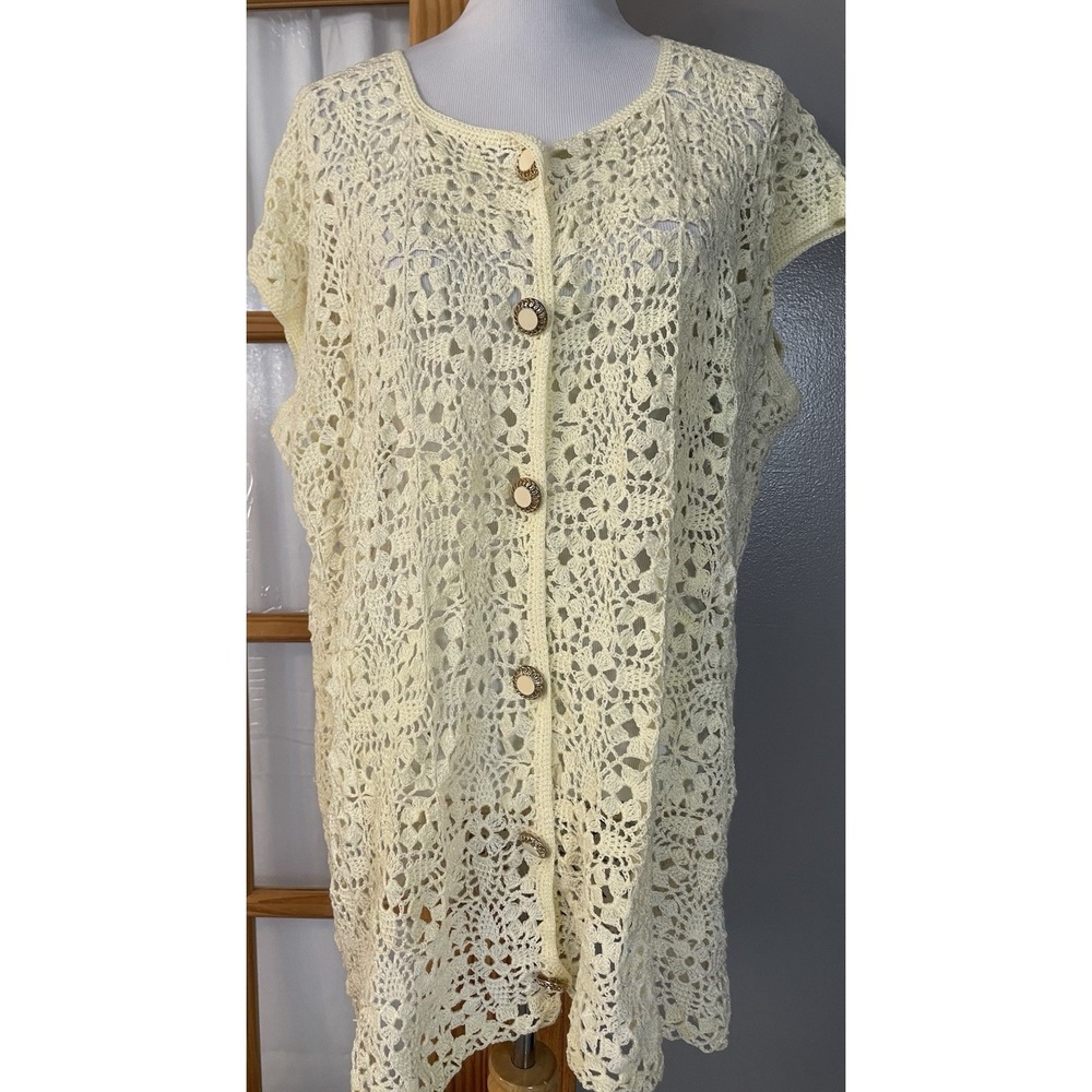 Vintage 70s Hand-Crocheted Cardigan XL Open Knit Acrylic Buttons Country Coastal